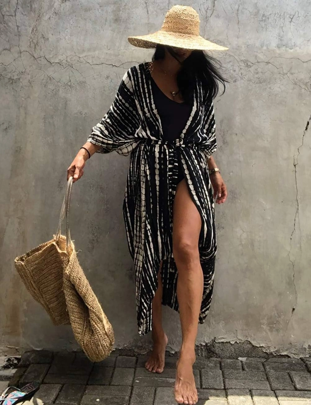 Bsubseach Stylish Tie Dye Open Front Long Kimono Swimsuit Cover Up for Women Swimwear Cover Ups
