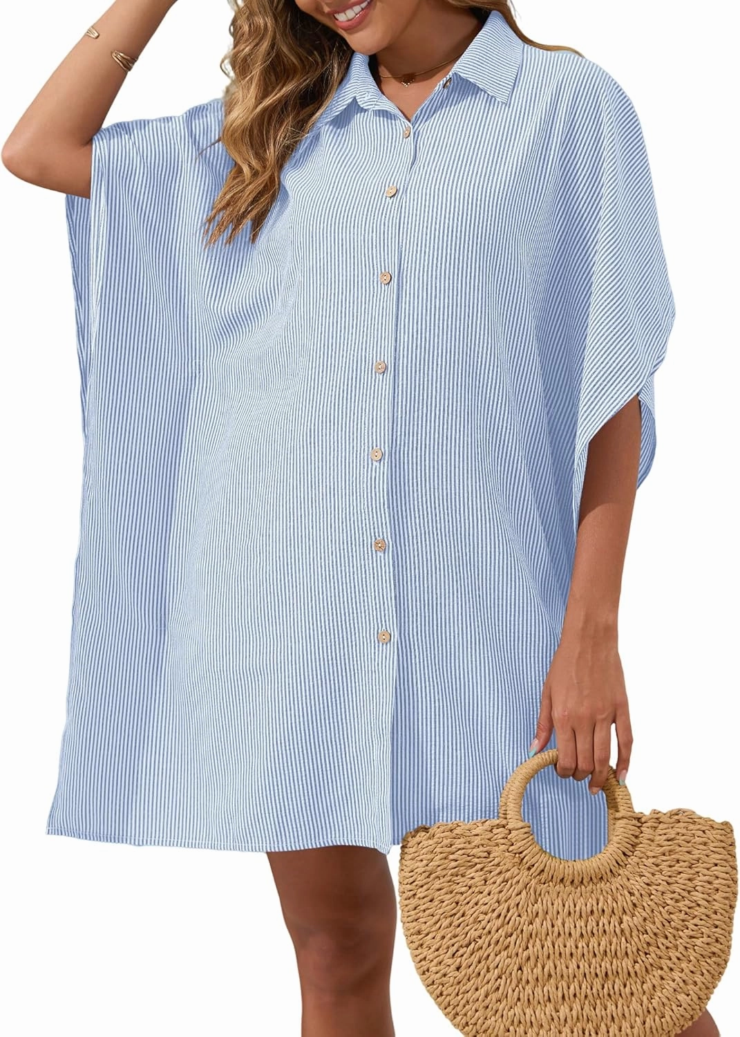 Bsubseach Swimsuit Cover Up Shirt 3/4 Sleeve Beach Coverup Oversized Button Down Shirts Bikini Bathing Suit