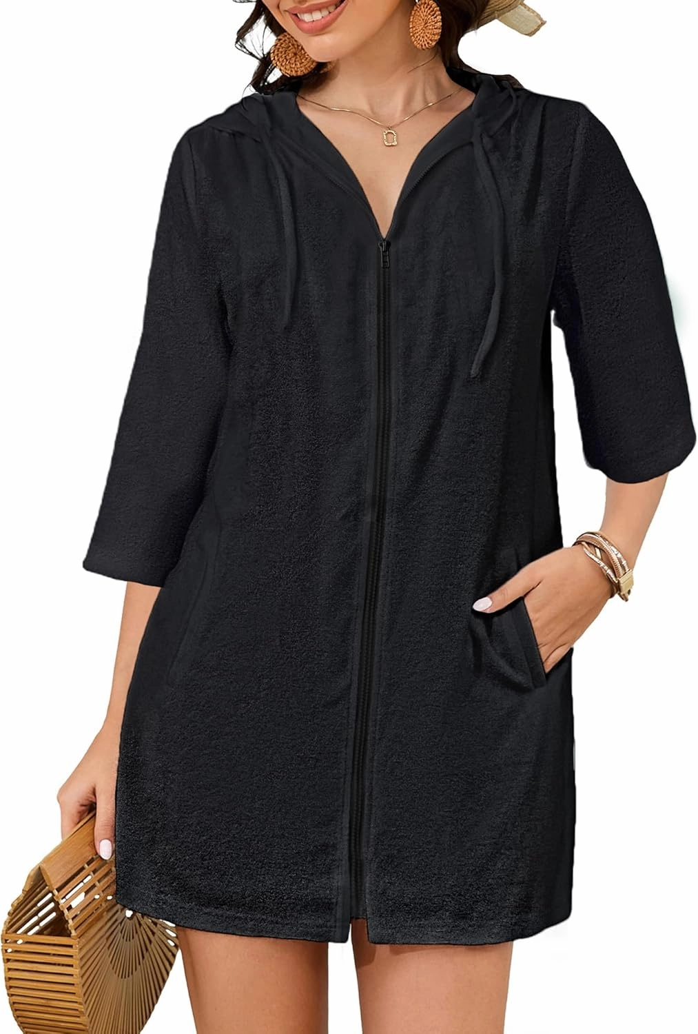 Bsubseach Terry Cloth Swim Coverup - Women Long Sleeve Hooded Swimsuit Coverup Zipper Beach Coverups Robes with Pockets