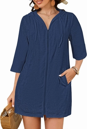 Bsubseach Terry Cloth Swim Coverup - Women Long Sleeve Hooded Swimsuit Coverup Zipper Beach Coverups Robes with Pockets