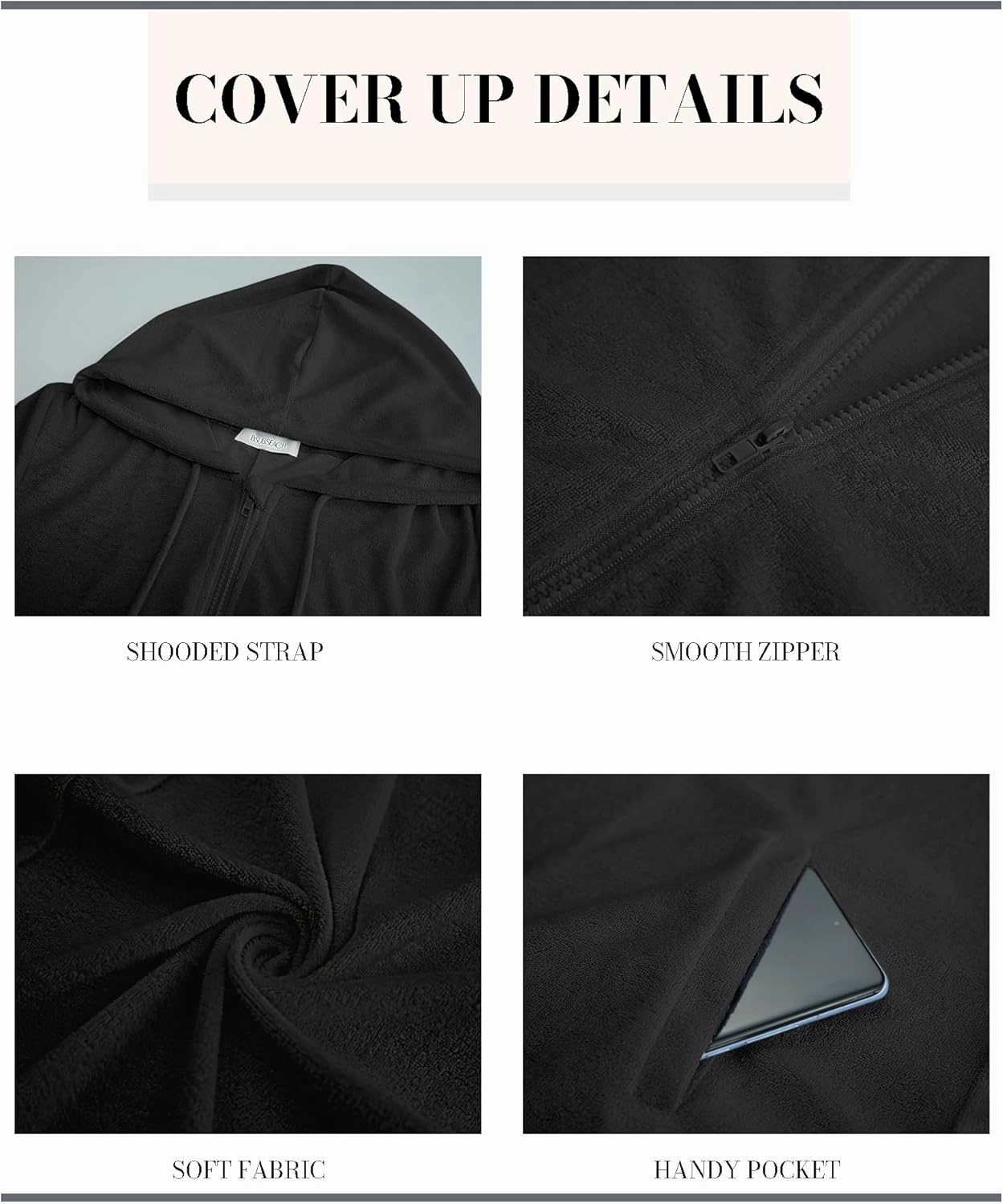 Bsubseach Terry Cloth Swim Coverup - Women Long Sleeve Hooded Swimsuit Coverup Zipper Beach Coverups Robes with Pockets