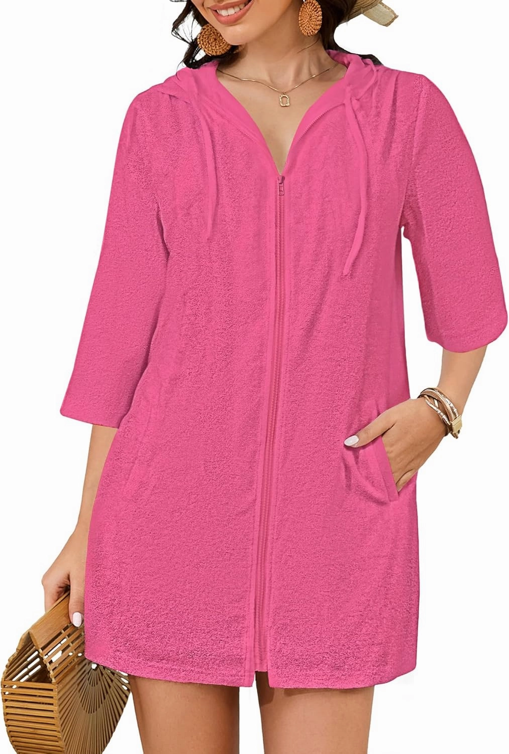 Bsubseach Terry Cloth Swim Coverup - Women Long Sleeve Hooded Swimsuit Coverup Zipper Beach Coverups Robes with Pockets