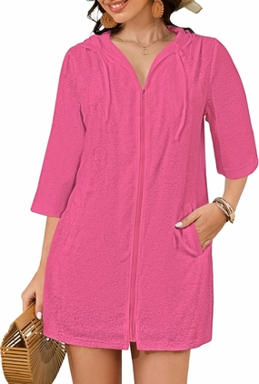 Bsubseach Terry Cloth Swim Coverup - Women Long Sleeve Hooded Swimsuit Coverup Zipper Beach Coverups Robes with Pockets