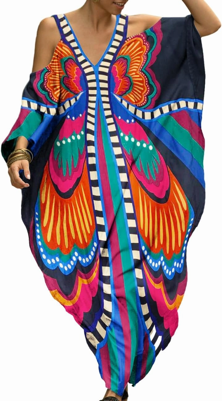 Bsubseach Turkish Cold Shoulder Kaftan Dresses Swimsuit Cover Up Maxi Dress Beach Cover Ups