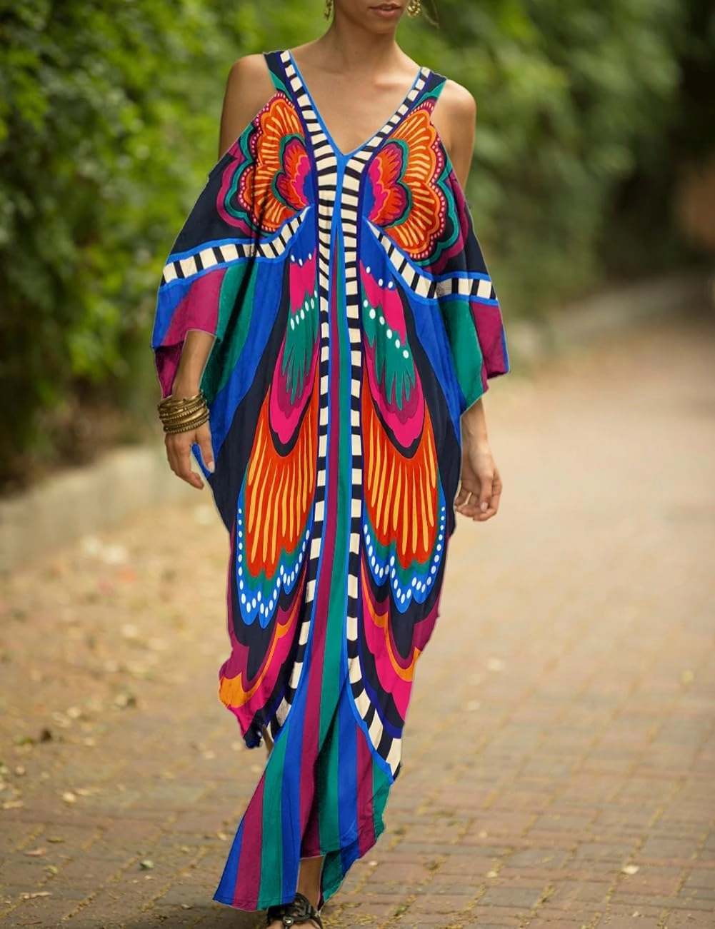 Bsubseach Turkish Cold Shoulder Kaftan Dresses Swimsuit Cover Up Maxi Dress Beach Cover Ups