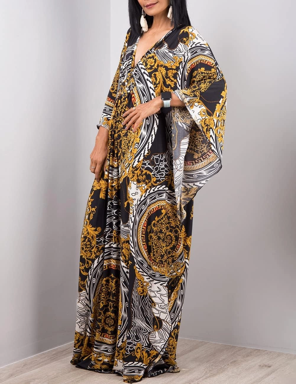 Bsubseach Women Ethnic Print Kaftan Beach Dress Plus Size Swimsuit Cover Up