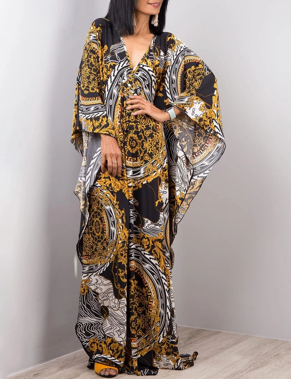 Bsubseach Women Ethnic Print Kaftan Beach Dress Plus Size Swimsuit Cover Up
