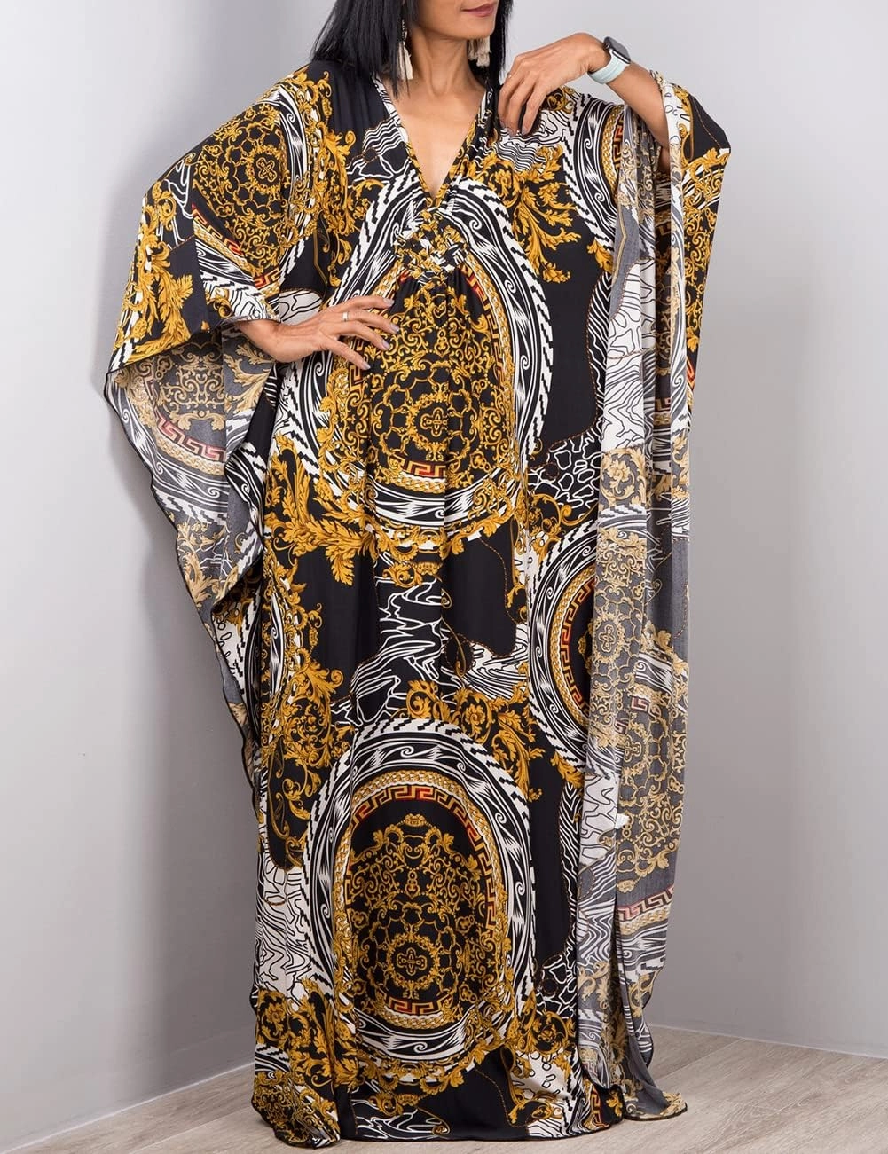 Bsubseach Women Ethnic Print Kaftan Beach Dress Plus Size Swimsuit Cover Up