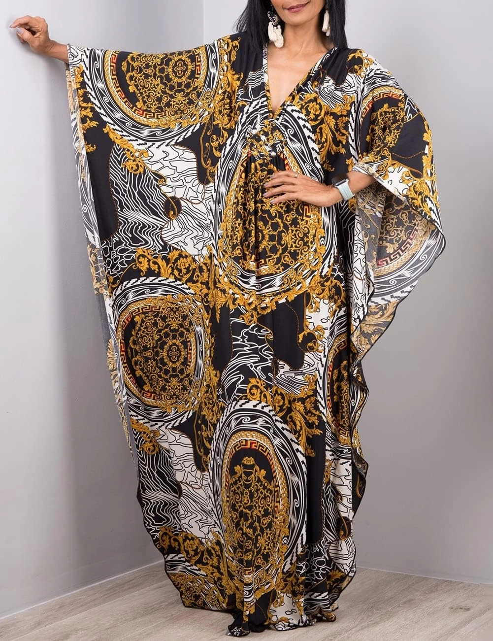 Bsubseach Women Ethnic Print Kaftan Beach Dress Plus Size Swimsuit Cover Up