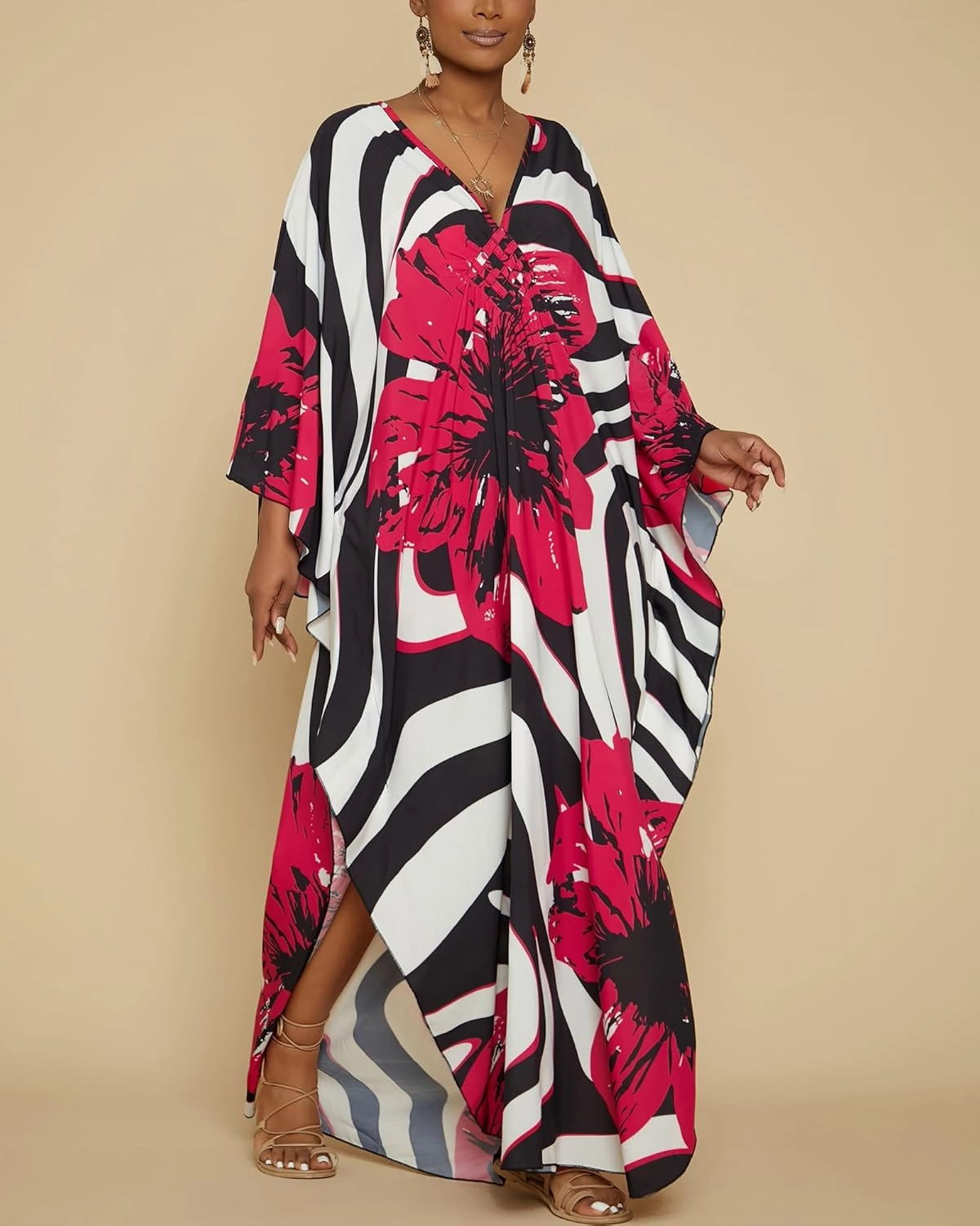 Bsubseach Women Floral Print Kaftan Dresses Plus Size Swimsuit Coverup 2025 Summer Bathing Suit Caftan Loungewear Beach Dress