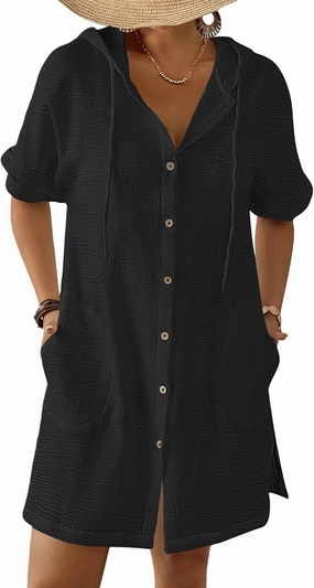 Bsubseach Womens Swimsuit Cover Up Shirt Button Down Short Sleeve Bathingsuit Coverups Hooded Beach Coverup With Pockets