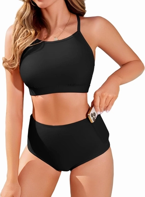CharmLeaks Women's High Waisted Bikini Sets Sporty Two Piece Swimsuit Tummy Control Bathing Suit with Pockets
