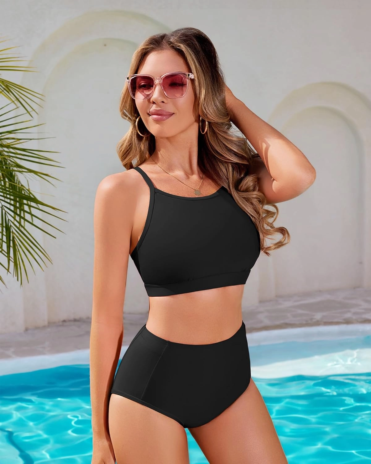 CharmLeaks Women's High Waisted Bikini Sets Sporty Two Piece Swimsuit Tummy Control Bathing Suit with Pockets