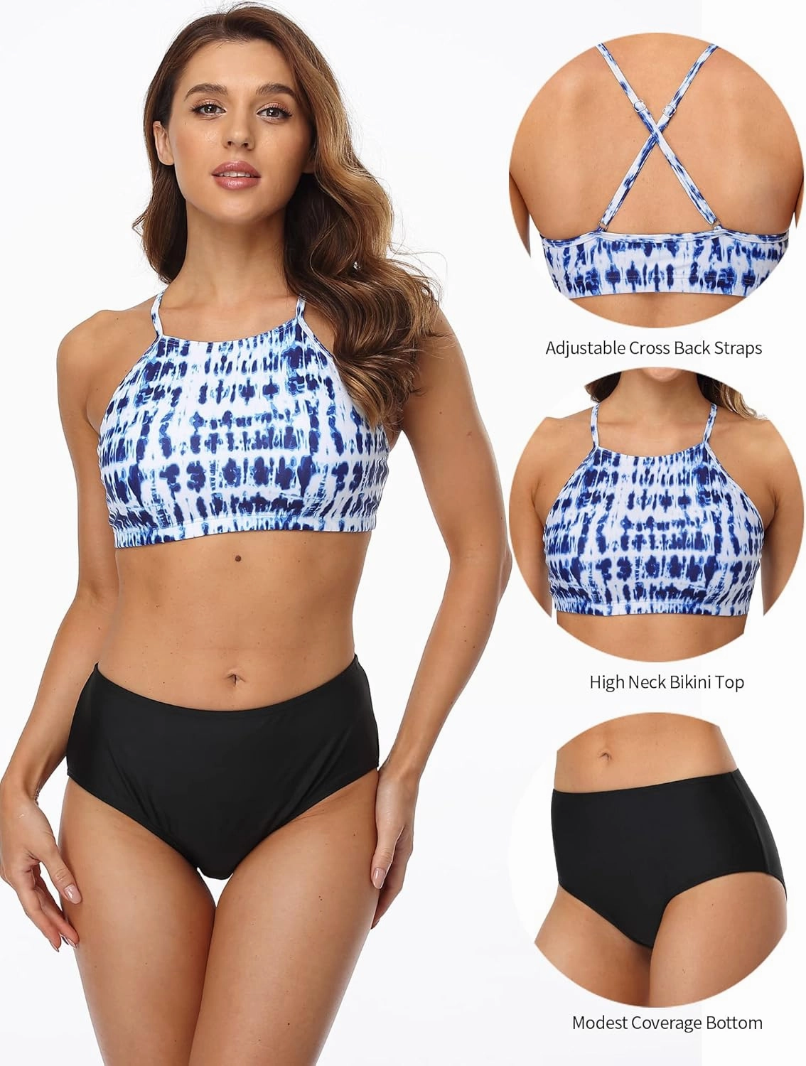 CharmLeaks Women's High Waisted Bikini Sets Sporty Two Piece Swimsuit Tummy Control Bathing Suit with Pockets