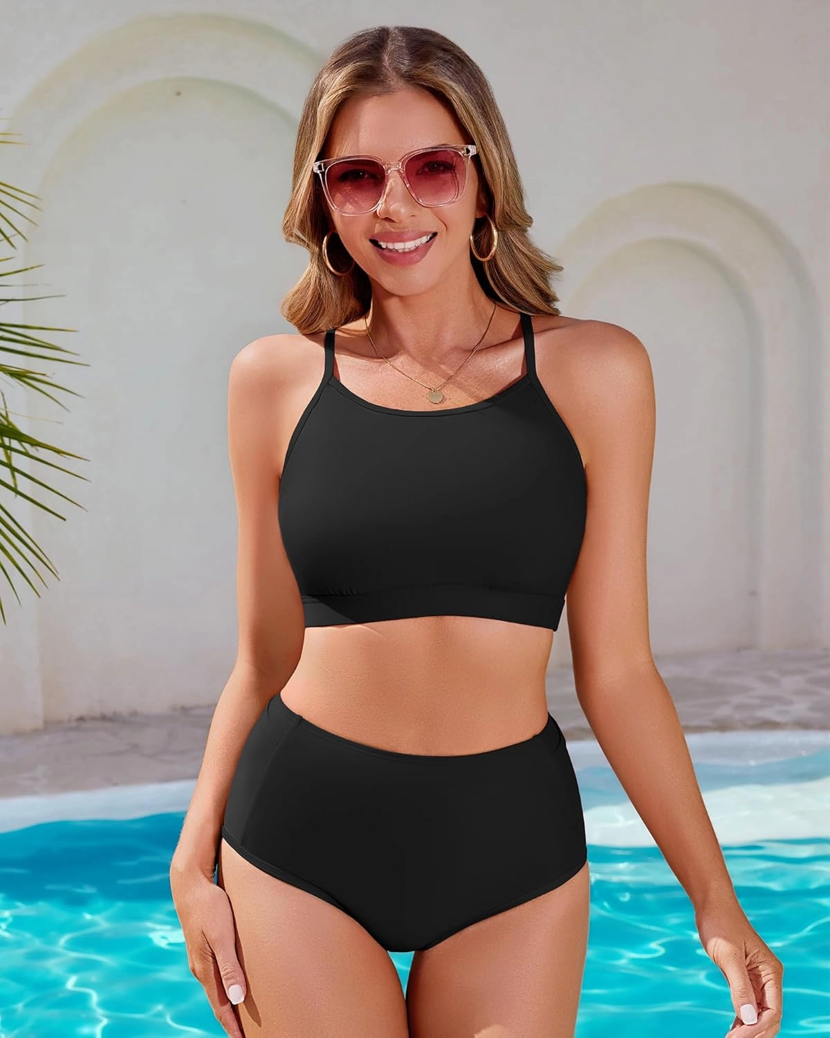 CharmLeaks Women's High Waisted Bikini Sets Sporty Two Piece Swimsuit Tummy Control Bathing Suit with Pockets