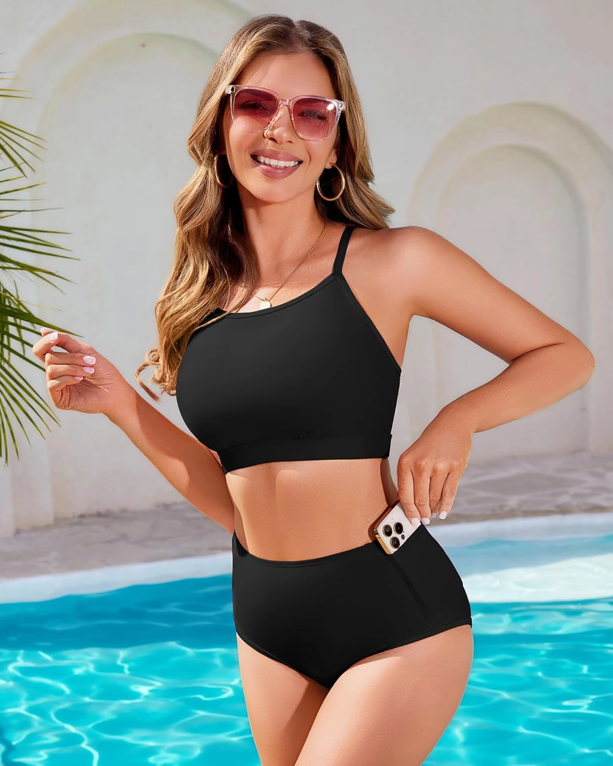 CharmLeaks Women's High Waisted Bikini Sets Sporty Two Piece Swimsuit Tummy Control Bathing Suit with Pockets