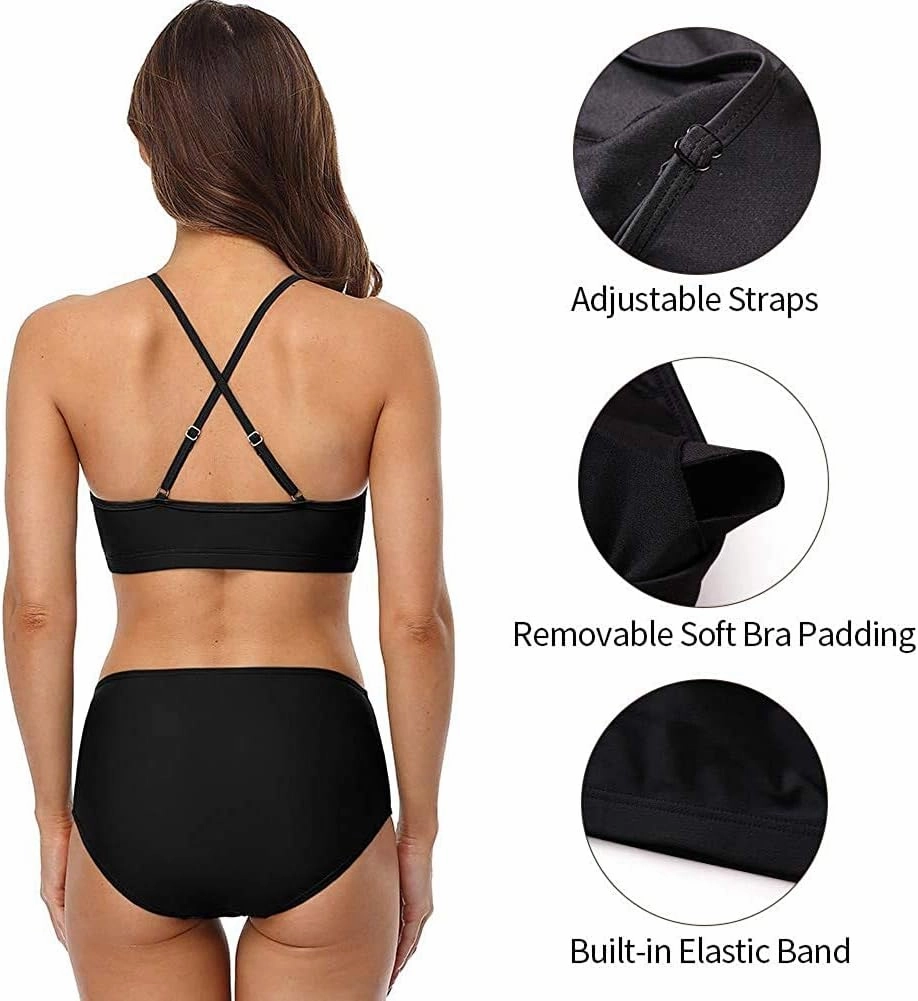 CharmLeaks Women's High Waisted Bikini Sets Sporty Two Piece Swimsuit Tummy Control Bathing Suit with Pockets