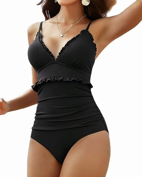 Charmo Frill Trim Ribbed One Piece Swimsuit Women Ruffled Ruched Tummy Control Bathing Suit