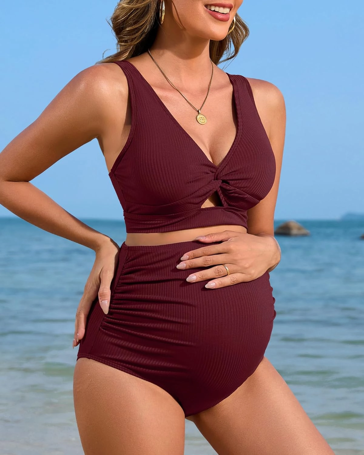 Charmo Maternity Swimsuit Ribbed High Waist Pregnancy Bikini Sets Twist Cutout Front Two Piece Bathing Suit Swimwear