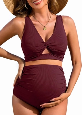 Charmo Maternity Swimsuit Ribbed High Waist Pregnancy Bikini Sets Twist Cutout Front Two Piece Bathing Suit Swimwear