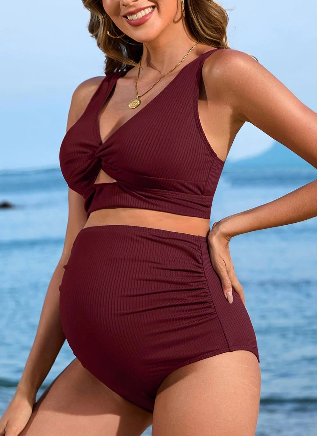 Charmo Maternity Swimsuit Ribbed High Waist Pregnancy Bikini Sets Twist Cutout Front Two Piece Bathing Suit Swimwear