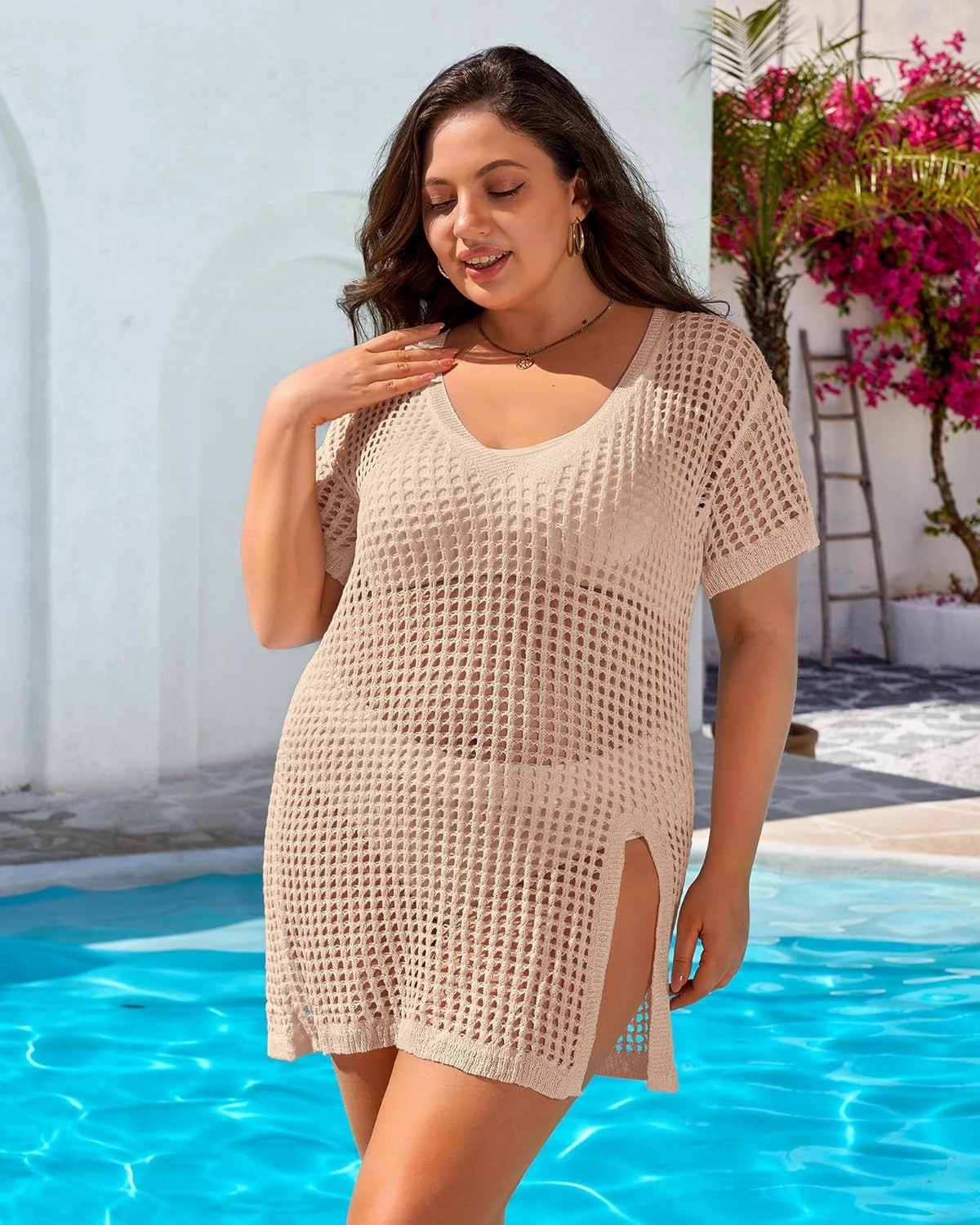Charmo Plus Size Swimsuit Coverup for Women Side Split Crochet Beach Cover Ups Swimwear Short Sleeve Bathing Suit