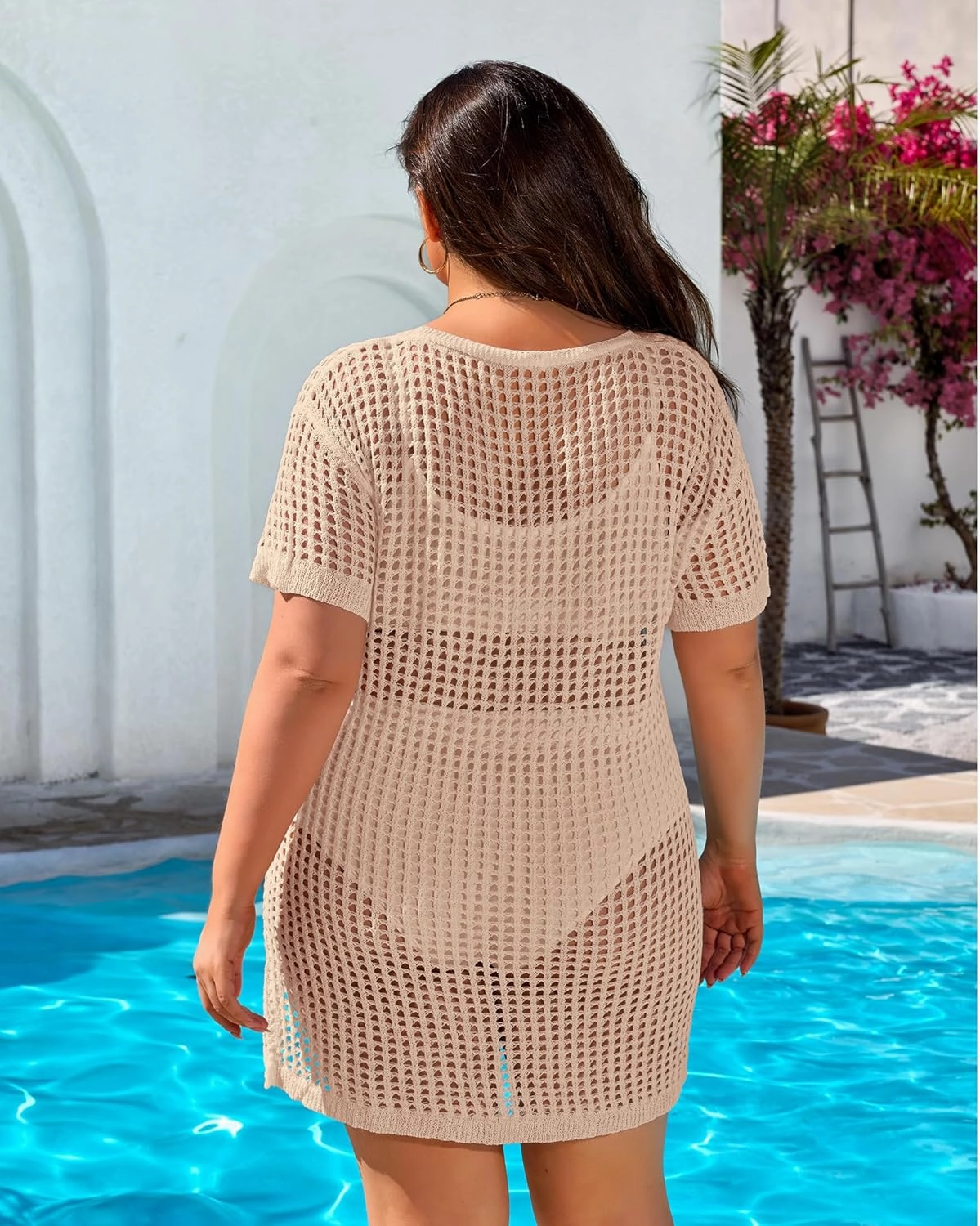 Charmo Plus Size Swimsuit Coverup for Women Side Split Crochet Beach Cover Ups Swimwear Short Sleeve Bathing Suit