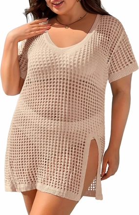 Charmo Plus Size Swimsuit Coverup for Women Side Split Crochet Beach Cover Ups Swimwear Short Sleeve Bathing Suit