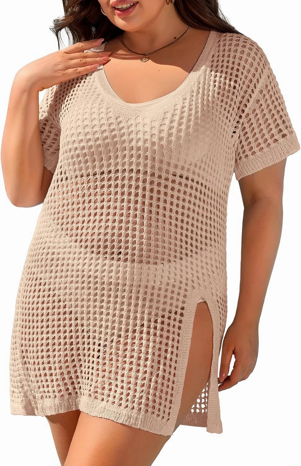 Charmo Plus Size Swimsuit Coverup for Women Side Split Crochet Beach Cover Ups Swimwear Short Sleeve Bathing Suit