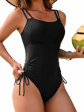 Charmo Ribbed One Piece Swimsuit Women High Cut Bathing Suit Tie Side Spaghetti Strap Modest Monikini Swimwear