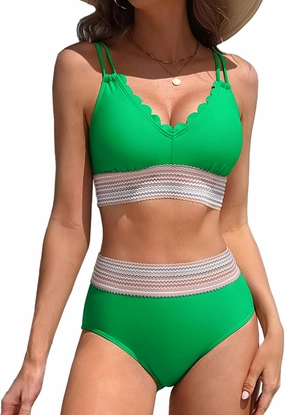 Charmo Women's Scalloped Bikini Sets High Waisted Two Piece Swimsuits Sporty Color Block High Cut Bathing Suit