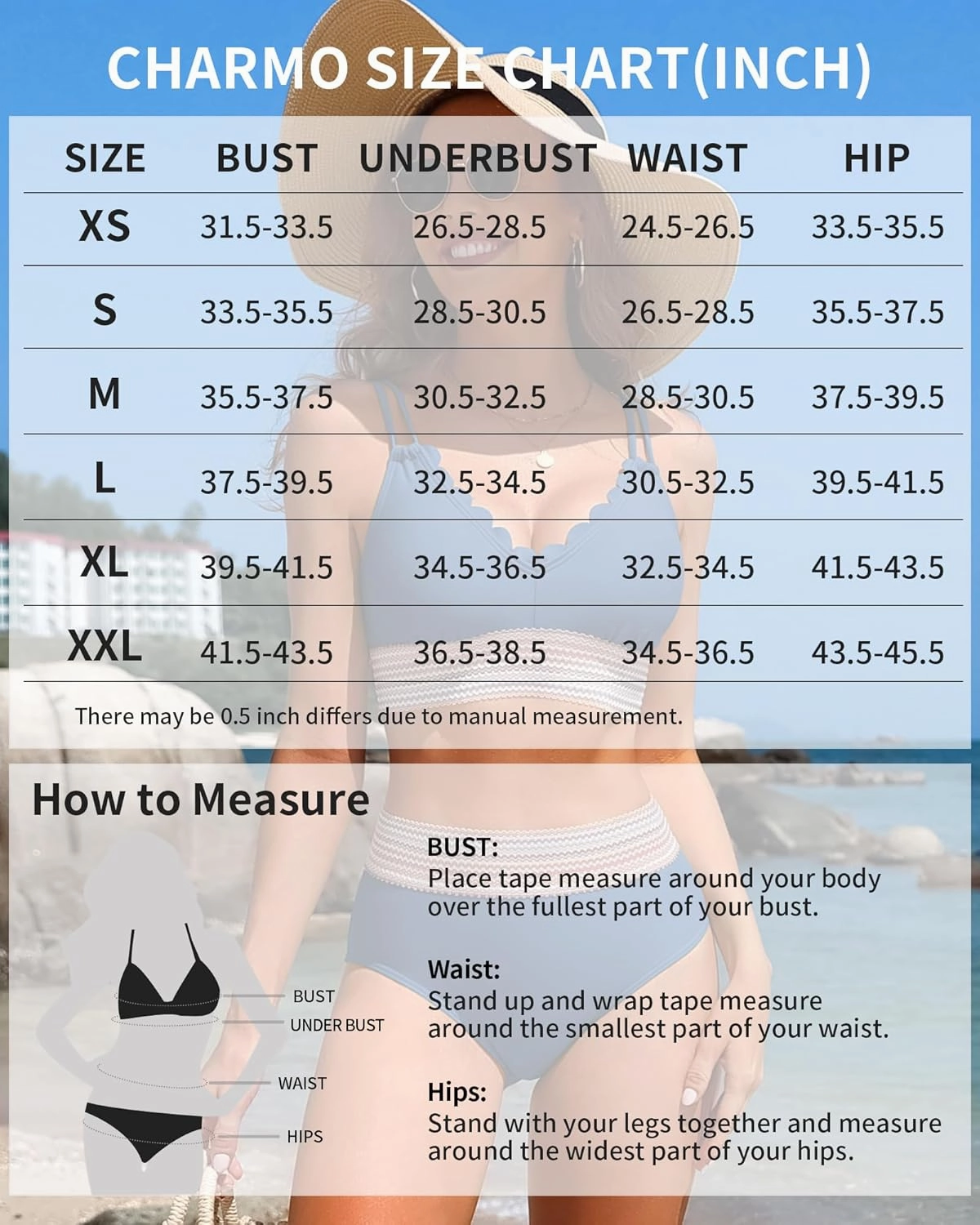 Charmo Women's Scalloped Bikini Sets High Waisted Two Piece Swimsuits Sporty Color Block High Cut Bathing Suit
