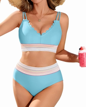 Charmo Women's Scalloped Bikini Sets High Waisted Two Piece Swimsuits Sporty Color Block High Cut Bathing Suit