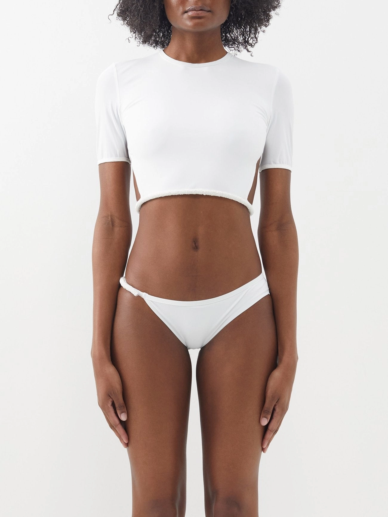 CHRISTOPHER ESBER White Seed Bead Embroidered Backless Tie-Up Bikini Top