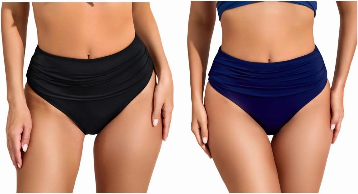 COCOPEAR Vintage High Waisted Bikini Bottoms for Women Ruched Full Coverage Bikini Bottom Tummy Control Swim Bottoms