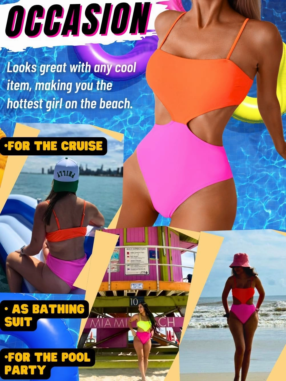 Color Block Swimsuit,Cut Out Sexy Monokini Women,Cheeky One Piece Swimsuits Beach Cruise Pool Party