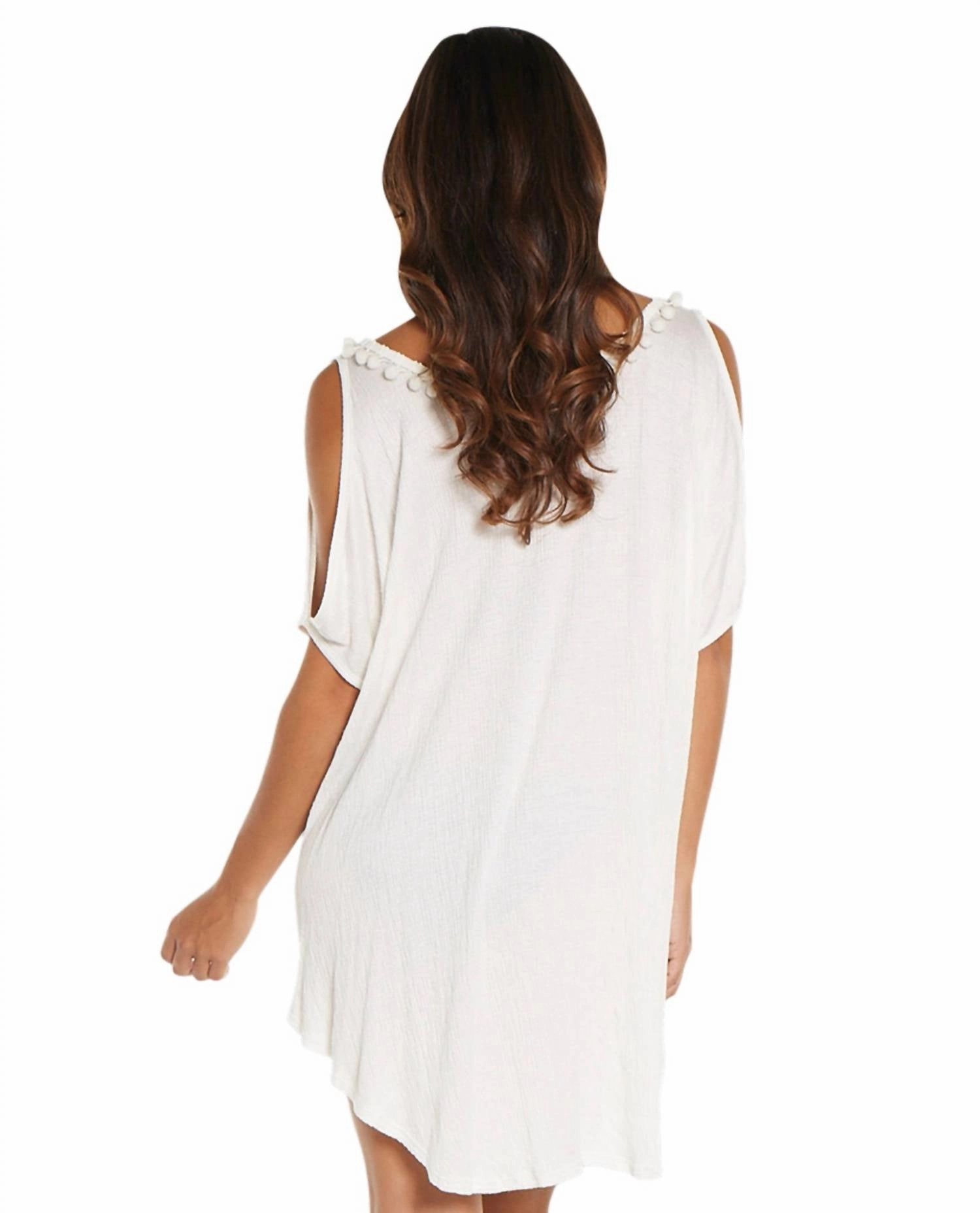 Corbel Pom Pom Cold Shoulder Tunic Top In White