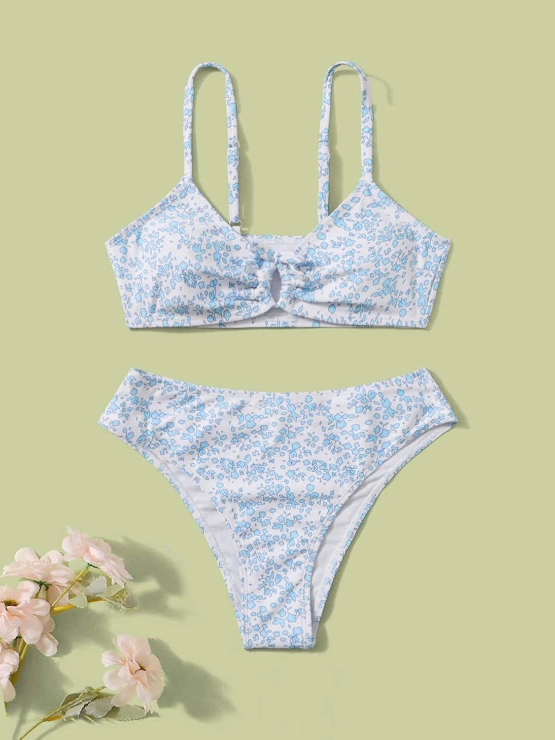 COZYEASE Girls' 2 Piece Ditsy Floral Print Knot Front Ruched Triangle Bikini Swimsuit