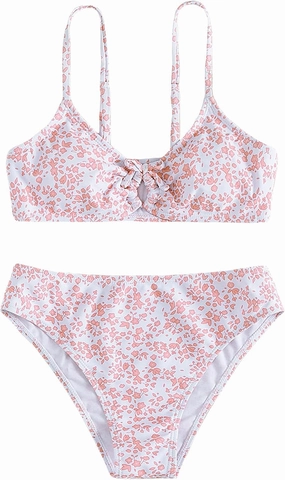 COZYEASE Girls' 2 Piece Ditsy Floral Print Knot Front Ruched Triangle Bikini Swimsuit