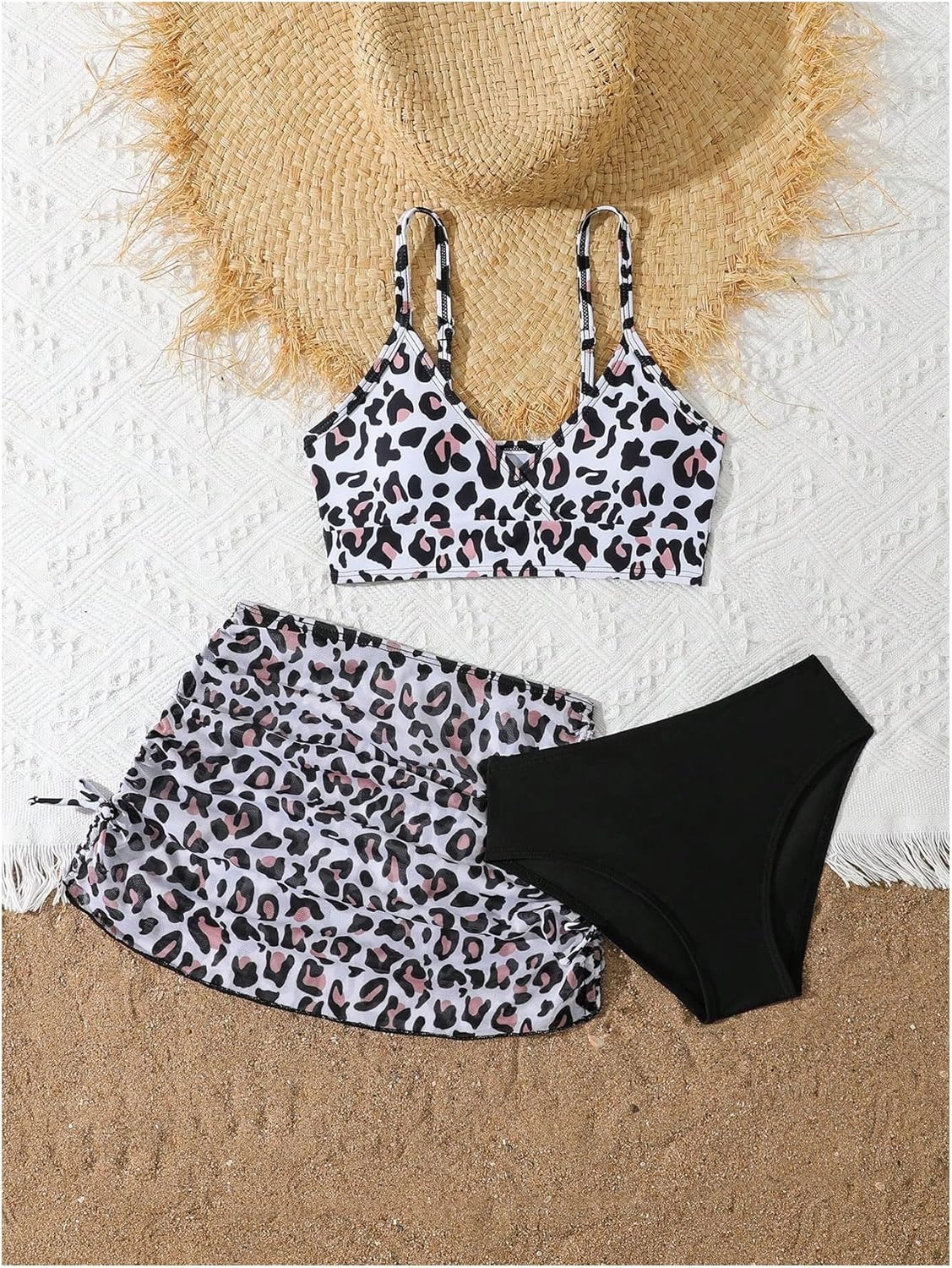 COZYEASE Girls' 3 Piece Set Floral Print Bikini Swimsuit with Drawstring Beach Skirt Cute Ruched Bathing Suit
