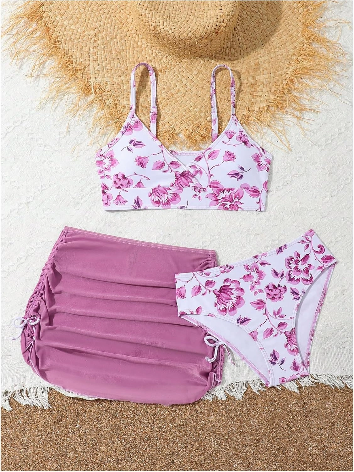 COZYEASE Girls' 3 Piece Set Floral Print Bikini Swimsuit with Drawstring Beach Skirt Cute Ruched Bathing Suit