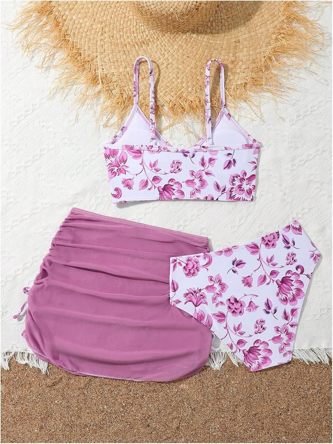 COZYEASE Girls' 3 Piece Set Floral Print Bikini Swimsuit with Drawstring Beach Skirt Cute Ruched Bathing Suit