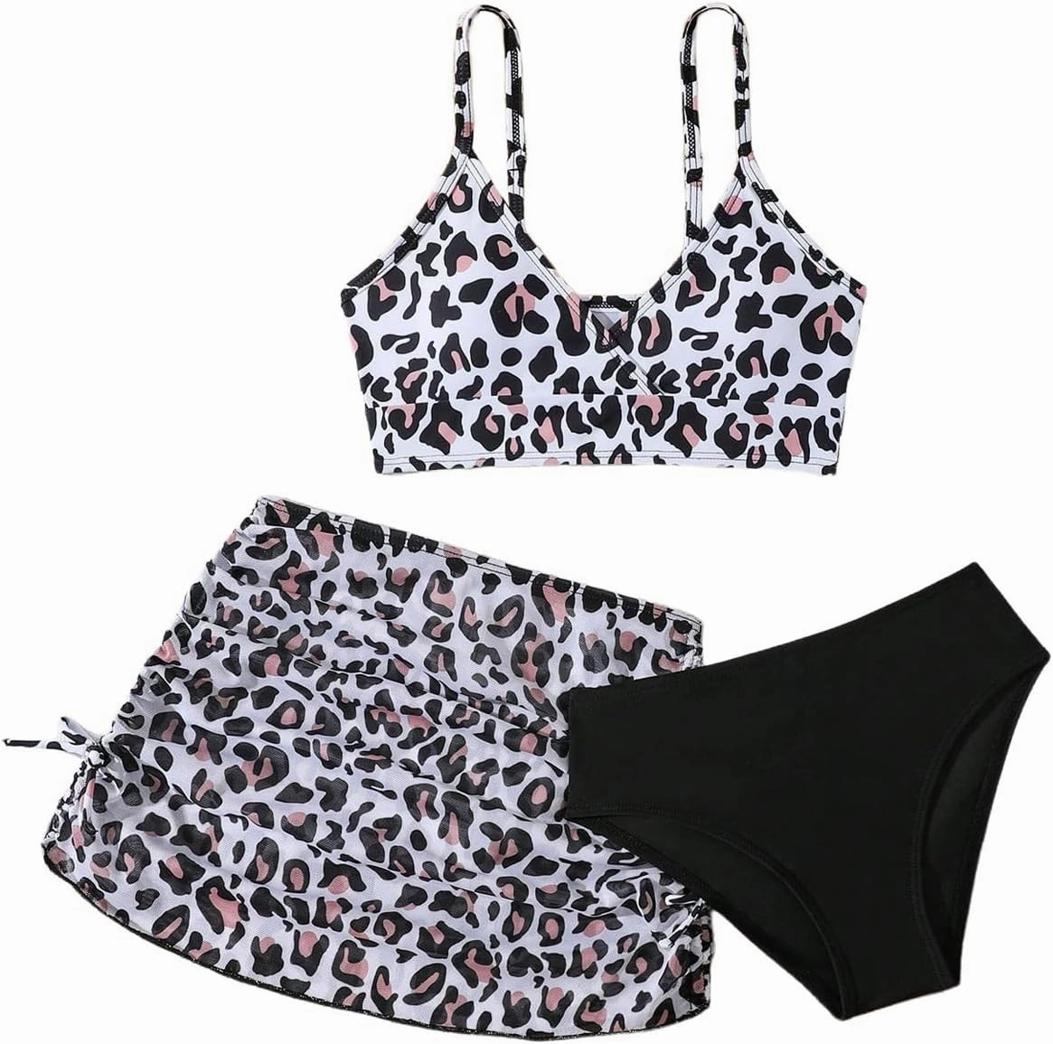 COZYEASE Girls' 3 Piece Set Floral Print Bikini Swimsuit with Drawstring Beach Skirt Cute Ruched Bathing Suit