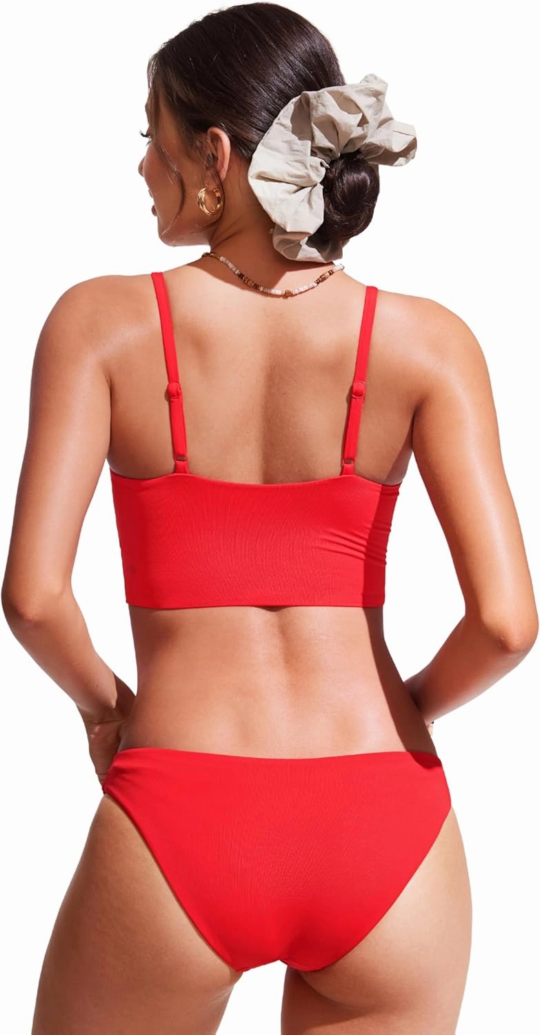 CRZ YOGA Women's Bikini Top Cropped V Neck Adjustable Spaghetti Straps Swimsuit Padded Athletic Bathing Suit