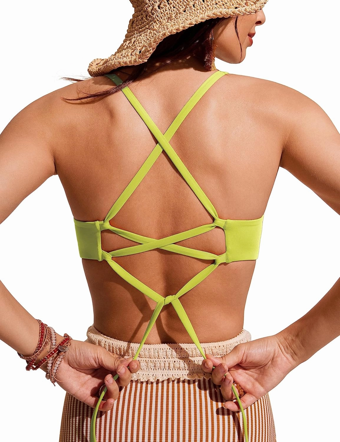 CRZ YOGA Women's Bikini Top Lace Up V Neck Swimsuits Crisscross Bathing Suit Swim Sports Bra Padded