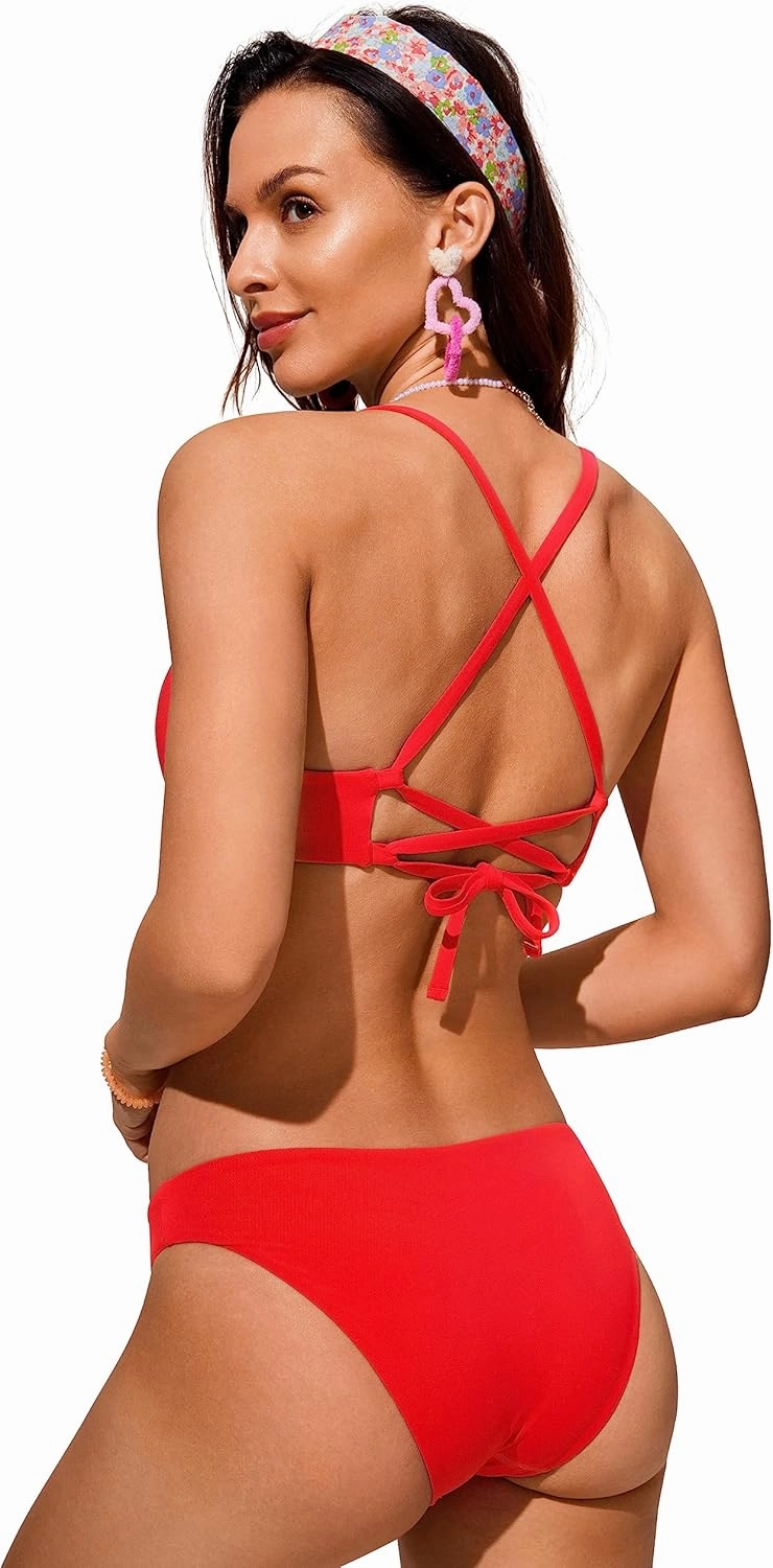 CRZ YOGA Women's Bikini Top Lace Up V Neck Swimsuits Crisscross Bathing Suit Swim Sports Bra Padded