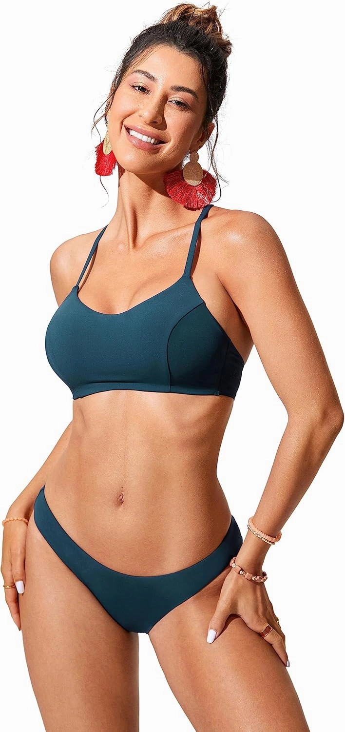 CRZ YOGA Women's Bikini Top Lace Up V Neck Swimsuits Crisscross Bathing Suit Swim Sports Bra Padded