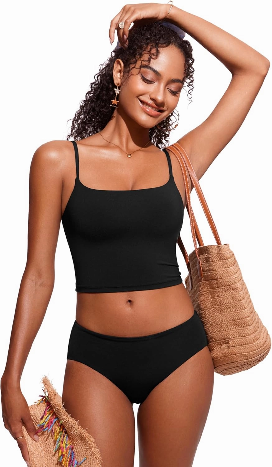 CRZ YOGA Womens Scoop Neck Bikini Tops U Back Longline Swimsuit Adjustable Spaghetti Straps Bathing Suit Crop Tankini