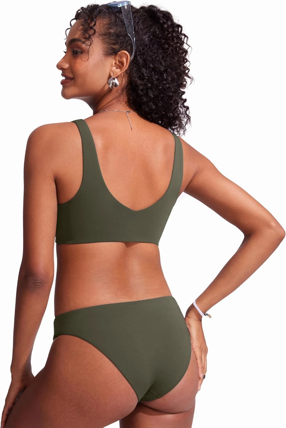CRZ YOGA Womens V Neck Bikini Tops Bathing Suit V Back Wide Straps Swim Bra Padded Swimsuit