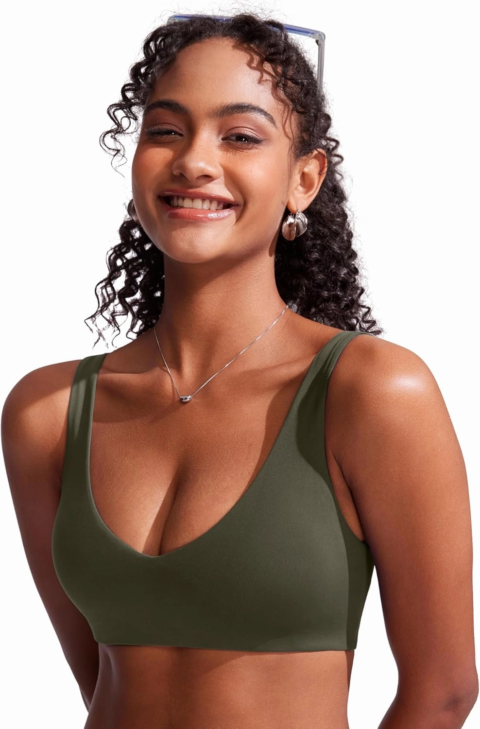 CRZ YOGA Womens V Neck Bikini Tops Bathing Suit V Back Wide Straps Swim Bra Padded Swimsuit